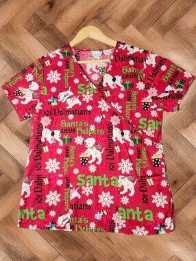 Disney 101 Dalmatians "Santa's Little Helpers" Christmas Scrub Top